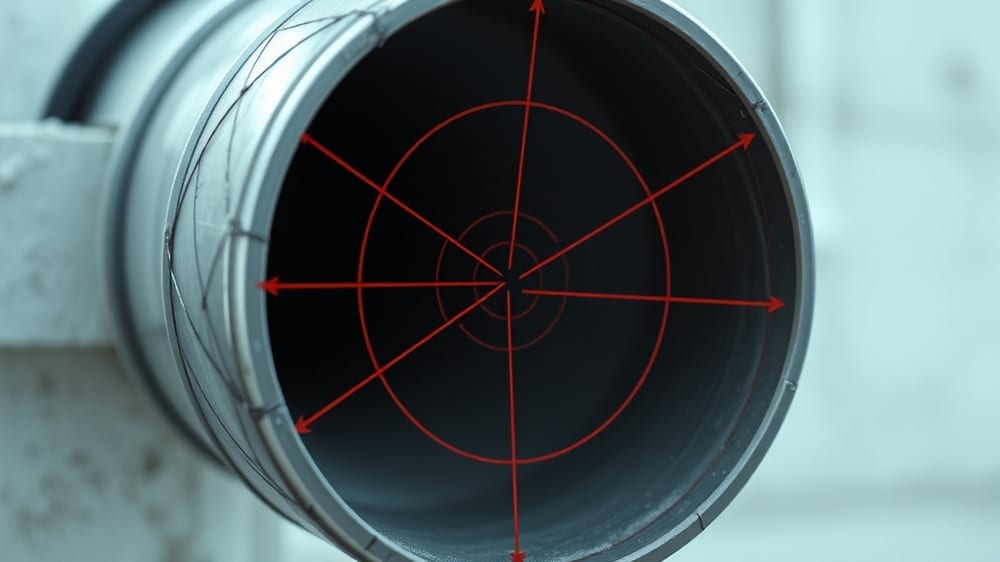A detailed radargram display showing clear reflections from large steel pipe, faint reflections from small PVC pipe, and noise from dense rebar in reinforced concrete.