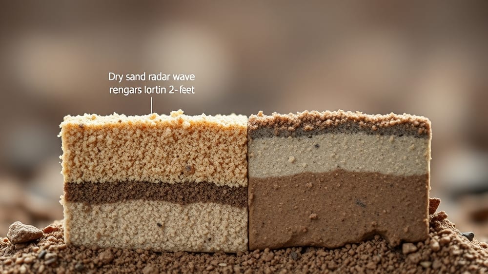 A cross-section diagram showing dry sandy soil in one section allowing deep signal penetration, and clay-heavy soil in adjacent section blocking signal within shallow depth.